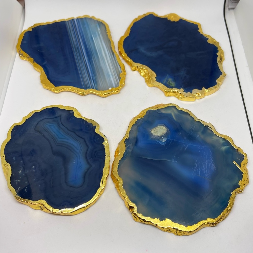 Blue Agate Slice Coaster Set of 4 Trimmed 24k Gold Like William Sonoma NEW Anna